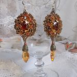 BO Harmony Amber embroidered with Swarovski Crystals, 1960's bohemian glass cabochons, mini beads, seed beads and 14K Gold Filled ear hooks